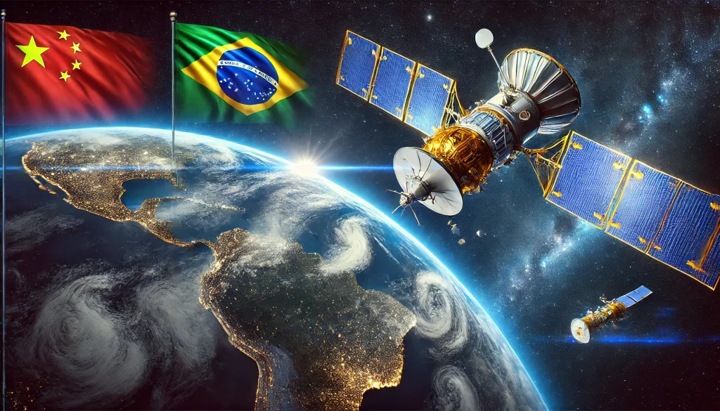 uma ilustração realista mostrando uma colaboração internacional entre Brasil e China no segmento espacial. A cena apresenta um satélite futurista em ó